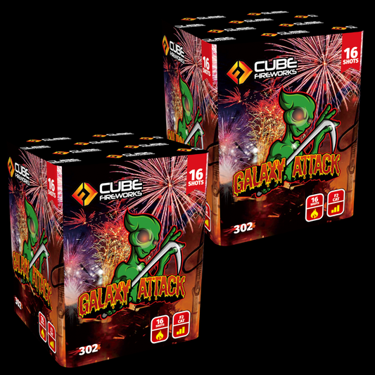 Galaxy Attack 16 Shot Cackling Cake by Cube Fireworks - Buy 1 Get 1 Free - Coventry Fireworks King