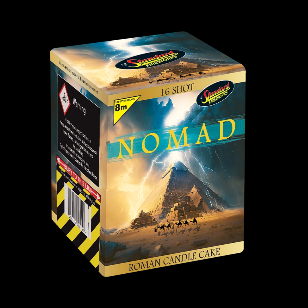 Fireworks box labeled 'Nomad' with pyramid and camel design on a black background