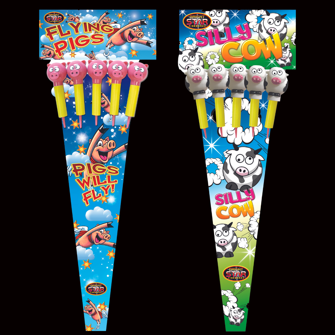 Silly Cows (5 Pack) and Flying Pigs (5 Pack) by Bright Star Fireworks (Loud) - Coventry Fireworks King