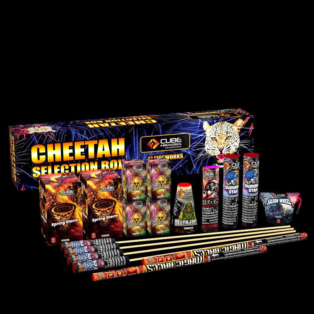 Cheetah 17 Piece Selection Box by Cube Fireworks – Coventry Fireworks King